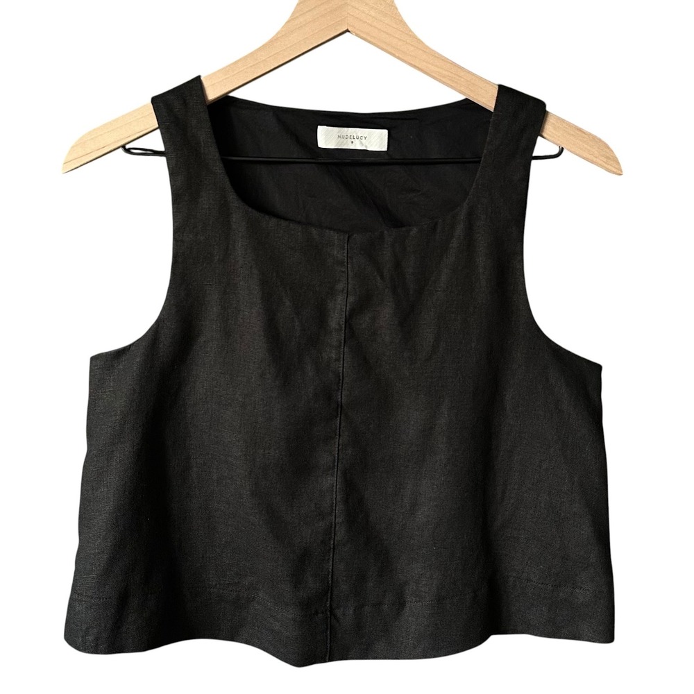 Nude Lucy Black Linen Cropped Tank Top Square Neck Boxy Lined Slits Size Small